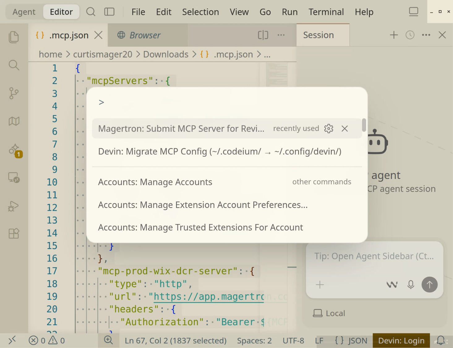 Devin's command palette showing Magertron: Submit MCP Server for Review alongside Devin's own MCP config migration command