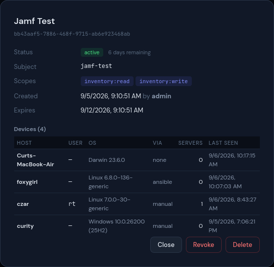 Magertron fleet devices — one integration token, four endpoints across macOS, Linux and Windows reporting their MCP client configs, with delivery method and last check-in per device