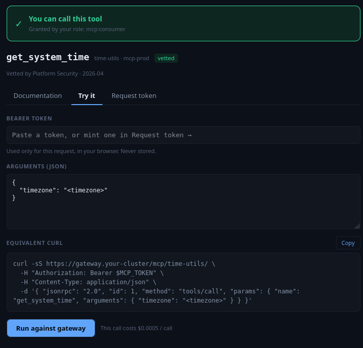 Developer Portal Try-it tab with editable arguments, an equivalent curl, and a run button